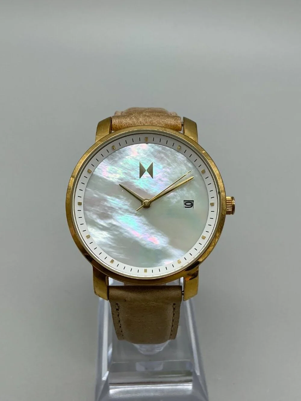 MVMT Gold Pearl Womens Watch 38mm MOP Dial Gold Tone Leather Date New Battery